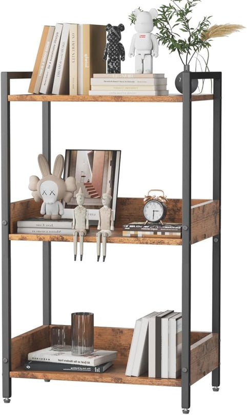 Bookshelf, 3 Tier Industrial Small Book Shelf, Small Storage Bookcase with Organizer, Freestanding Open Shelf for Small Spaces, Bedroom, Living Room, Retro Brown BS70FB - LeafyLoom