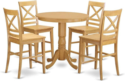 East West Furniture JAQU5-OAK-W 5 Piece Counter Height Dining Table Set Includes a Round Wooden Table with Pedestal and 4 Kitchen Dining Chairs, 36x36 Inch, Oak - LeafyLoom