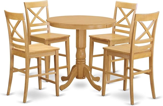 East West Furniture JAQU5-OAK-W 5 Piece Counter Height Dining Table Set Includes a Round Wooden Table with Pedestal and 4 Kitchen Dining Chairs, 36x36 Inch, Oak - LeafyLoom