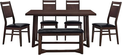 Farmhouse Style 4 Upholstered Chairs and Bench, Sturdy Wood, Easy Assembly & Clean, Room, Kitchen, Dark Brown, 6 Piece Dining Table Set - LeafyLoom