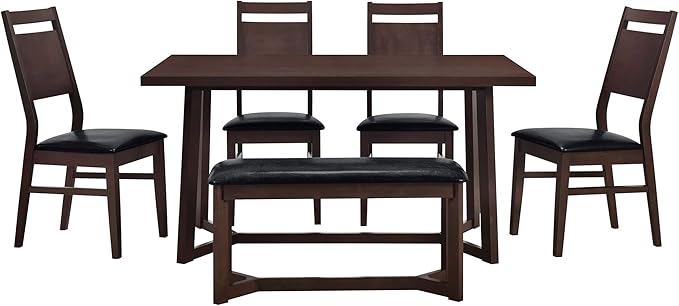 6-Piece Wood Dining Table Set with 4 PU Upholstered Chairs and Bench, Large Tabletop, for Kitchen Living Room, Farmhouse Style, Dark Brown, 59" L x 35.4" W x 30" H - LeafyLoom