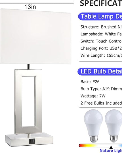22'' Lamps for Bedrooms Set of 2, Touch Control Table Lamps with 2 USB Ports, 3-Way Dimmable Bedside Nightstand Lamps, Brushed Nickel &White Lamp for End Table Living Room Modern Contemporary - LeafyLoom