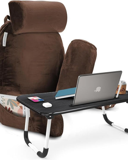 Clara Clark Reading Pillow with Portable Lap Desk for laptop Set, Back Pillow for Sitting Up in Bed, Memory Foam Back Support Pillow, Bed Rest Pillow with Foldable Laptop Desk, Large - Chocolate Brown - LeafyLoom