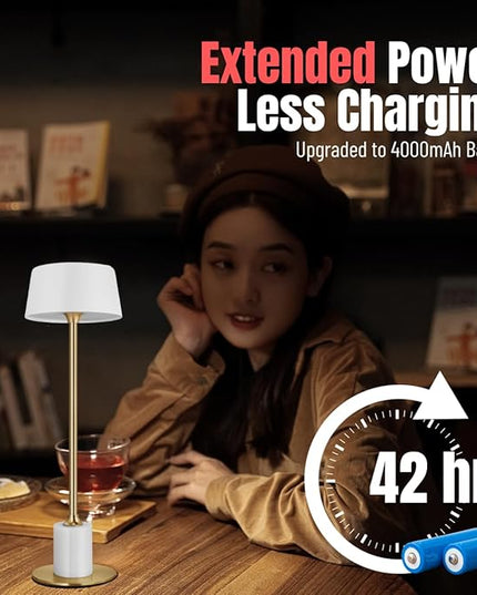Cordless Table Lamp,Rechargeable and Battery Operated, Powered by 4000mAh Battery, 42-Hour Run Time, 3 Level Dimmable, White and Gold Lamp for Bedrooms, Restaurant, Buffet, Patio - LeafyLoom