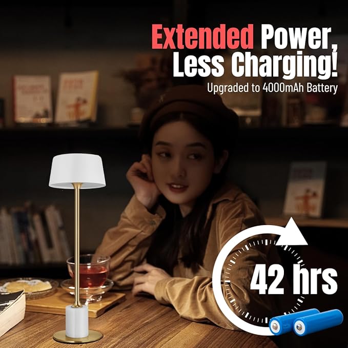 Cordless Table Lamp,Rechargeable and Battery Operated, Powered by 4000mAh Battery, 42-Hour Run Time, 3 Level Dimmable, White and Gold Lamp for Bedrooms, Restaurant, Buffet, Patio - LeafyLoom