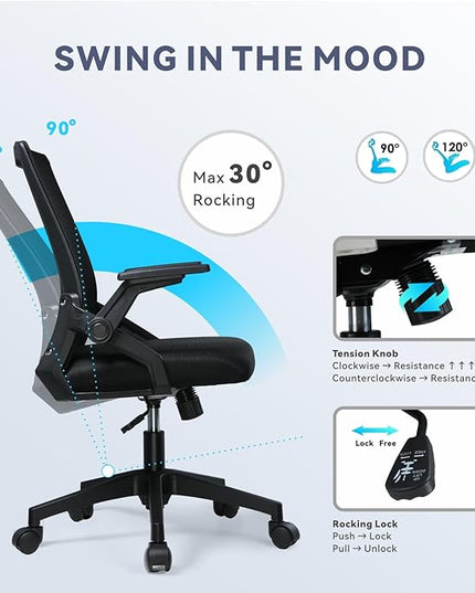 COMHOMA Office Chair with Flip-up Armrests Ergonomic Computer Desk Chair Foldable Mesh Task Chair with Wheels Adaptive Lumbar Support Swivel Tilt Comfortable Study Chair for Student, Black - LeafyLoom