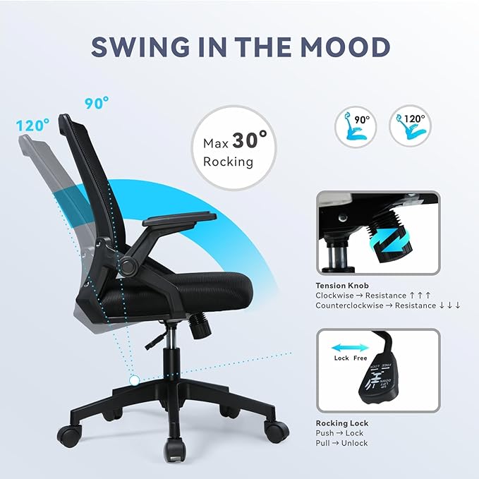 COMHOMA Office Chair with Flip-up Armrests Ergonomic Computer Desk Chair Foldable Mesh Task Chair with Wheels Adaptive Lumbar Support Swivel Tilt Comfortable Study Chair for Student, Black - LeafyLoom