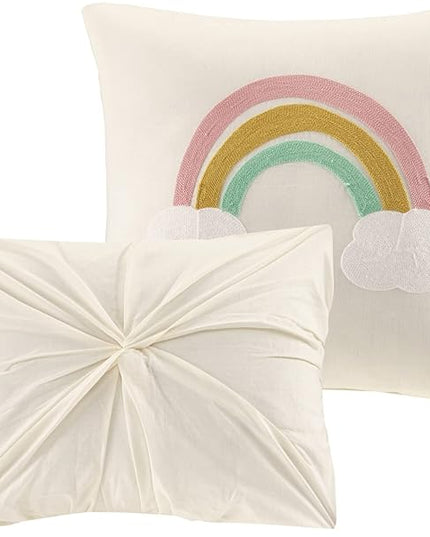 Duvet Cotton Jacquard Weave Colorful Poms Accent, Shabby Chic Cover for Comforter Cozy Bedding Set, Matching Shams, Decorative Pillows, Full Queen, Multi, 5 Piece - LeafyLoom