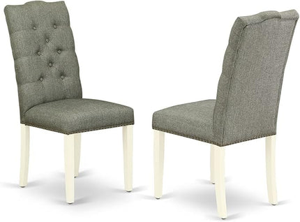 East West Furniture Antique 3 Piece Kitchen Set Contains a Round Dining Room Table with Pedestal and 2 Gray Fabric Upholstered Chairs, 36x36 Inch, Linen White - LeafyLoom
