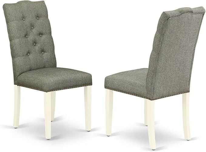 East West Furniture Antique 3 Piece Kitchen Set Contains a Round Dining Room Table with Pedestal and 2 Gray Fabric Upholstered Chairs, 36x36 Inch, Linen White - LeafyLoom