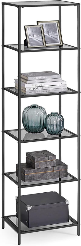 VASAGLE Bookcase, 6-Tier Bookshelf, Slim Shelving Unit for Bedroom, Bathroom, Home Office, Tempered Glass, Steel Frame, Ink Black and Slate Gray ULGT500G01 - LeafyLoom