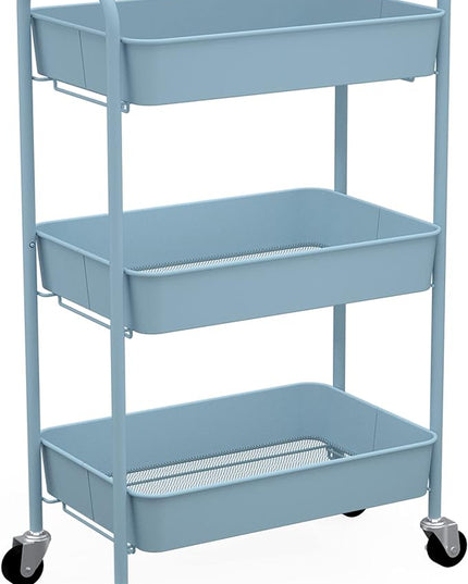 CAXXA 3-Tier Rolling Metal Storage Organizer - Mobile Utility Cart with Caster Wheels, Blue - LeafyLoom
