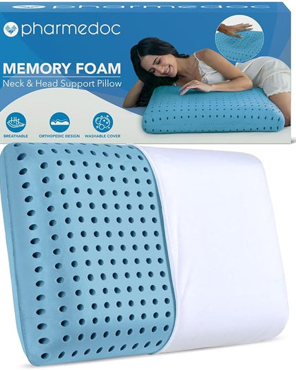 Pharmedoc Cooling Memory Foam Pillows, 1 Pack, Ventilated Cool Blue Bed Pillow, Reading and Bed Rest Pillows, Standard, Back Sleeper and Side Sleeper Support, Sleeping Pillows for Adults - LeafyLoom