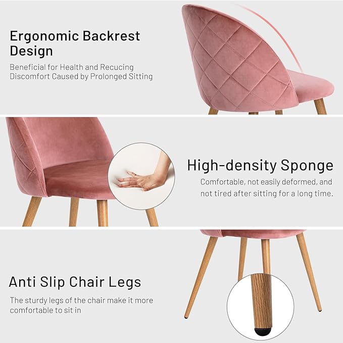 FurnitureR Upholstered Velvet Dining Chair Mid Back Armless with Wood Legs for Home Kitchen Bedroom Living Room, Set of 1, Pink - LeafyLoom