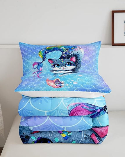 Rainbow Cartoon Cat Comforter Colorful Mermaid Comforter Set for Kids Boys Girls Teens Room Decor Blue Mermaid Scales Bedding Set Ocean Gradient Duvet Set 3Pcs King Size Boys - LeafyLoom