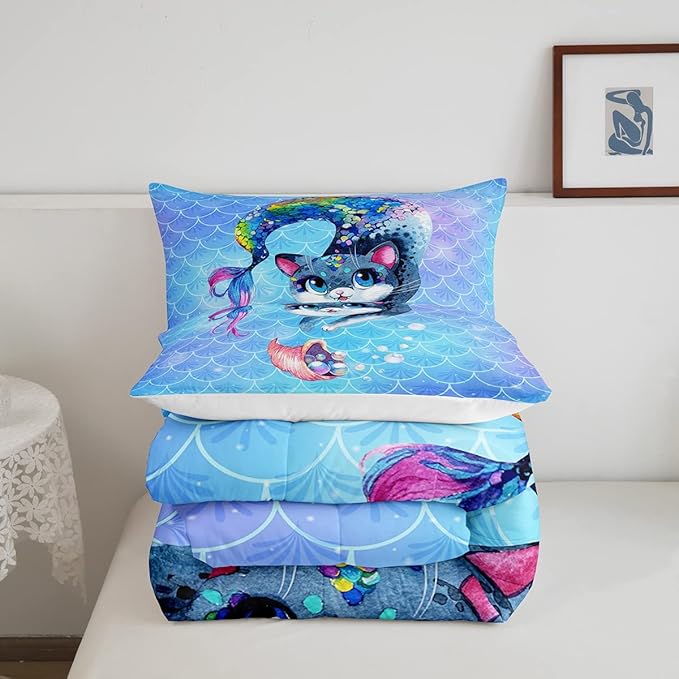 Rainbow Cartoon Cat Comforter Colorful Mermaid Comforter Set for Kids Boys Girls Teens Room Decor Blue Mermaid Scales Bedding Set Ocean Gradient Duvet Set 3Pcs King Size Boys - LeafyLoom
