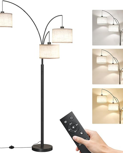 SUNMORY 3 Lights Floor Lamp with Remote Control and 3 Stepless Dimmable Bulbs, 78" Tall Standing Lamp with Hanging Drum Shade & Heavy Base, Modern Arc Floor Lamps for Living Room, Bedroom, Office - LeafyLoom