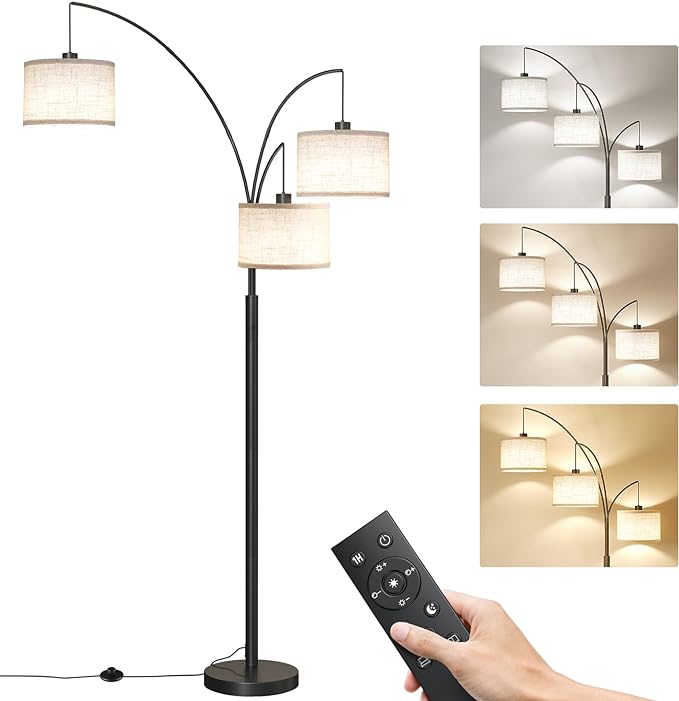SUNMORY 3 Lights Floor Lamp with Remote Control and 3 Stepless Dimmable Bulbs, 78" Tall Standing Lamp with Hanging Drum Shade & Heavy Base, Modern Arc Floor Lamps for Living Room, Bedroom, Office - LeafyLoom