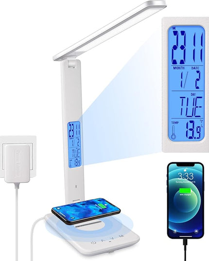 LED Desk Lamp, Desk Lamp with Wireless Charger, Suitable for Home, Office Dimmable Desk Lamp, with USB Charging Port, Built-in Clock, Calendar, Thermometer and Automatic Timing Reading Desk Lamp. - LeafyLoom