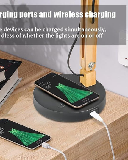 ELINKUME LED Desk Working Lamp with Charging(Wireless/USB-A/Typ-C),Wood Swing Arm Table Bedside Lamp, Black Metal Lampshade,Vintage Reading Light for Office,Study,Bedroom,Living Room(Excluding Bulb) - LeafyLoom