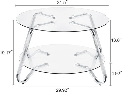 HOMBAZAAR Glass Coffee Table, Modern Coffee Table with Metal Frame and Tempered Glass Tabletop, 2-Tier Chrome Round Center Table for Living Room, Meeting Room, Silver - LeafyLoom