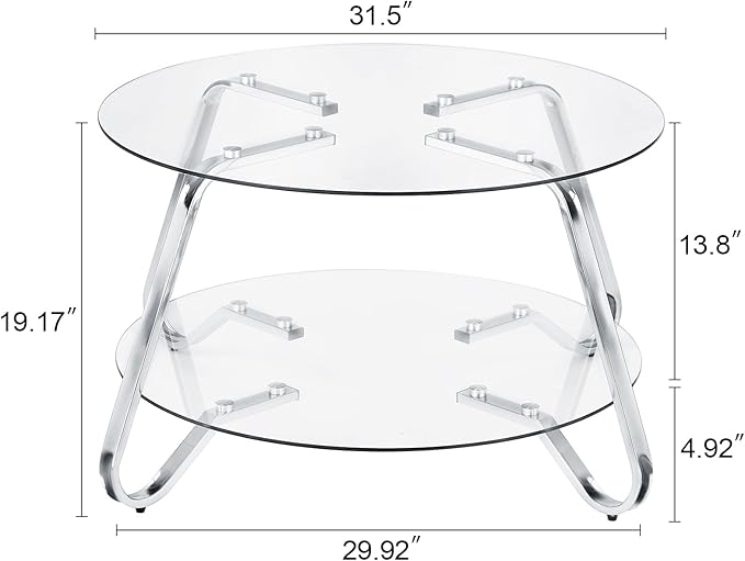 HOMBAZAAR Glass Coffee Table, Modern Coffee Table with Metal Frame and Tempered Glass Tabletop, 2-Tier Chrome Round Center Table for Living Room, Meeting Room, Silver - LeafyLoom