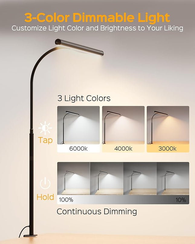 SUPERDANNY Desk Lamp for Home Office, Eye-Caring Desk Light with Adjustable Gooseneck, 12W Touch Control Dimmable Brightness, Architect Clamp Lamp for Computer Monitor - LeafyLoom