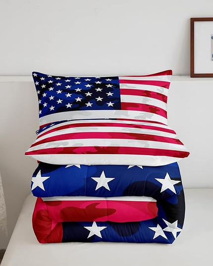 American Flag Bedding Set Camouflage USA Flag Comforter Set Army Camo Flag Comforter Blue Red and White Stars Down Alternative Comforter for All Season Room Decor Full Size - LeafyLoom