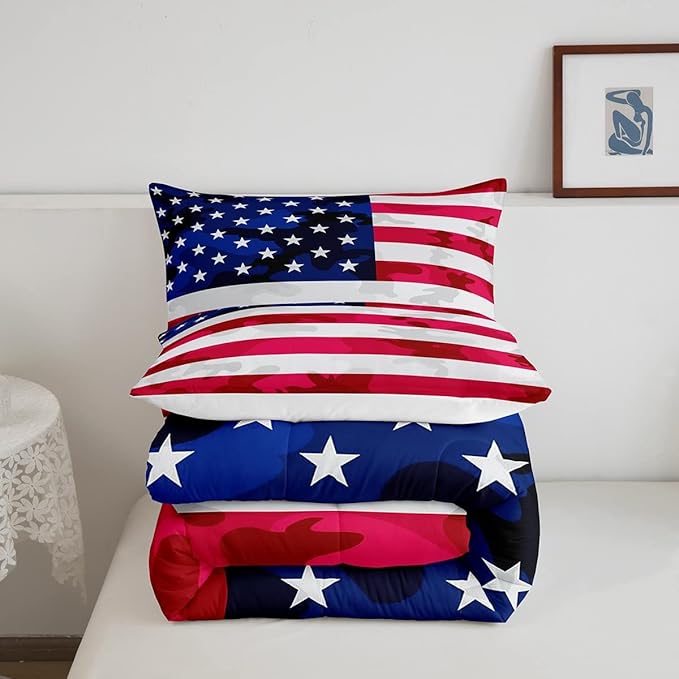 American Flag Bedding Set Camouflage USA Flag Comforter Set Army Camo Flag Comforter Blue Red and White Stars Down Alternative Comforter for All Season Room Decor Full Size - LeafyLoom