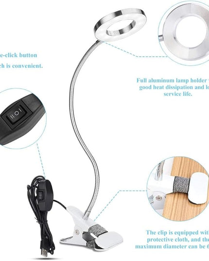 ANGGREK 360 Clip-On Desk Lamp, Flexible USB LED Lamp Gooseneck Light with 2-Color Mode and 2-Level Dimmer Eye Care Book Light Bed Lamp 7W - LeafyLoom
