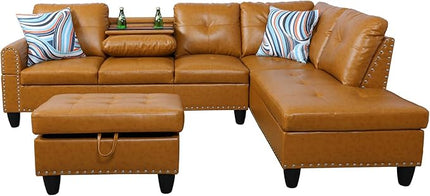 ROOMTEC L Shaped Sectional Sofa with Storage Ottoman, Right Facing Chaise Longue, Reversible Backrest w/ 2 Cup Holders, Semi PU Synthetic Leather Tufted Cushions, for Living Room, Ginger - LeafyLoom