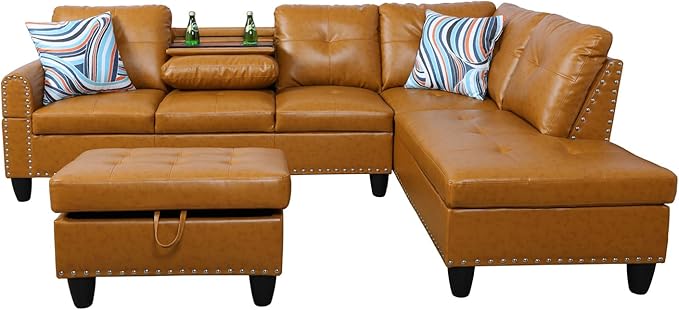 ROOMTEC L Shaped Sectional Sofa with Storage Ottoman, Right Facing Chaise Longue, Reversible Backrest w/ 2 Cup Holders, Semi PU Synthetic Leather Tufted Cushions, for Living Room, Ginger - LeafyLoom