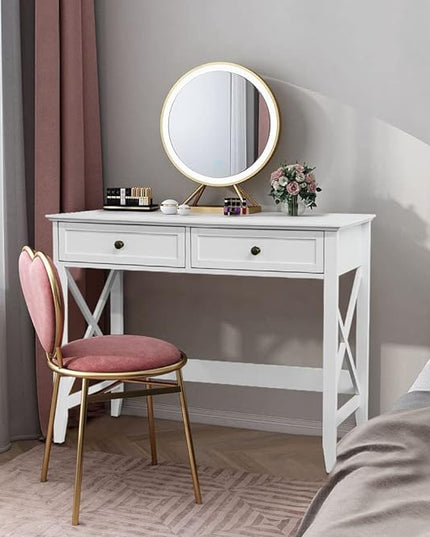 White Computer Desk with 2 Drawers, Modern Makeup Vanity Desk with Storage, Writing Desk for Home Office, 42'' Long Study Simple White Desk for Bedroom Console Table Living Room - LeafyLoom