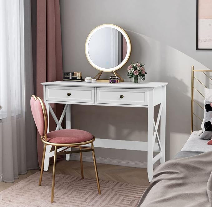 White Computer Desk with 2 Drawers, Modern Makeup Vanity Desk with Storage, Writing Desk for Home Office, 42'' Long Study Simple White Desk for Bedroom Console Table Living Room - LeafyLoom