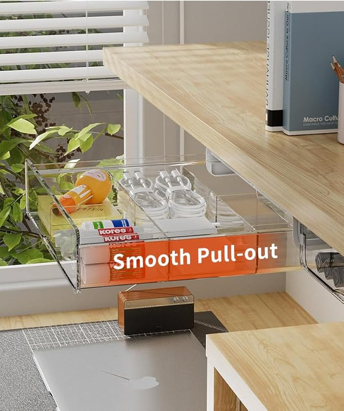 Under Desk Storage Drawer Kit, Clear Under Desk Drawer Mounted Below Table Medium and Small Size 2 Pcs Combo for Home Bedroom Office Kitchen Organization - LeafyLoom