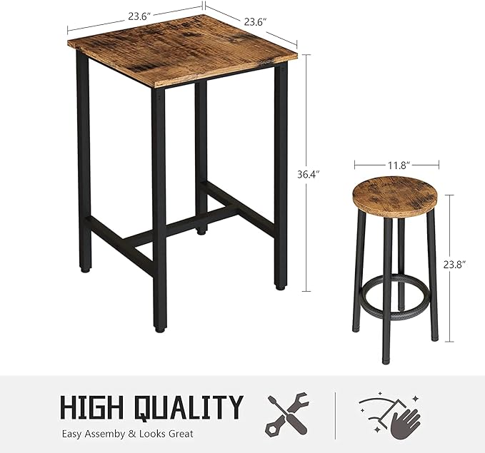 Recaceik 3 Piece Pub Dining Set, Modern bar Table and Stools for 2 Kitchen Counter Height Wood Top Bistro Easy Assemble for Breakfast Nook Living Room Small Space Restaurant, Rustic Brown 24” - LeafyLoom