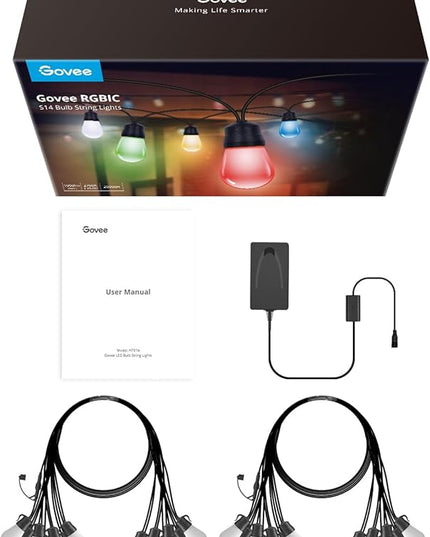 Govee Smart Outdoor String Lights H7016, 96ft RGBIC Outdoor Lights with 30 Dimmable LED Bulbs, IP65 Waterproof, Color Changing Warm White Lights with 47 Scene Modes for Patio, Backyard, App Control Govee