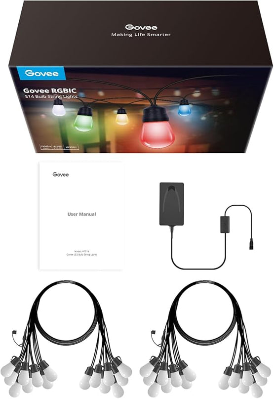 Govee Smart Outdoor String Lights H7016, 96ft RGBIC Outdoor Lights with 30 Dimmable LED Bulbs, IP65 Waterproof, Color Changing Warm White Lights with 47 Scene Modes for Patio, Backyard, App Control Govee
