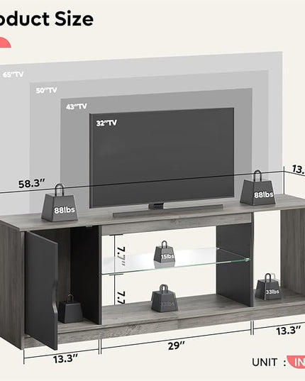 Bestier LED TV Stand for 55/60/65 Inch TV, Gaming Entertainment Center with Cabinet for PS5, Modern TV Cabinet with Adjustable Glass Shelves for Living Room, Bedroom 58 Inch, Grey Wash - LeafyLoom