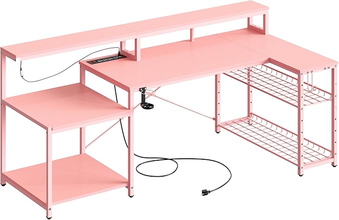 Bestier 71.5 inch Gaming Desk with Power Outlet, Large LED Computer Desk with Monitor Stand, L Shaped Desk with Storage Shelf, Cup Holder & Headset Hooks, Corner Gamer Desk for Bedroom Pink - LeafyLoom