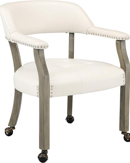 Large Dining Chairs with Casters and Arms, Rolling Dining Chairs with Wheels, Accent Game Poker Table Chairs, Solid Wood Office Chairs, 26“Dx25.2 Wx31.5“H, Grey Legs & Ivory PU SY-1318-WT - LeafyLoom