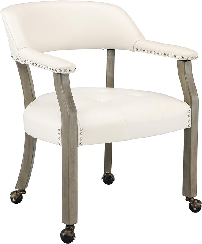Large Dining Chairs with Casters and Arms, Rolling Dining Chairs with Wheels, Accent Game Poker Table Chairs, Solid Wood Office Chairs, 26“Dx25.2 Wx31.5“H, Grey Legs & Ivory PU SY-1318-WT - LeafyLoom