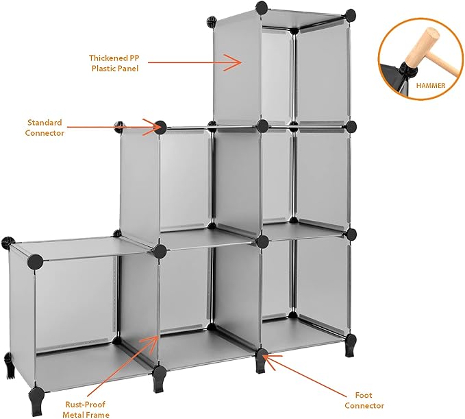 Gold Armour Cube Storage 6-Cube Bookshelf Closet Organizer Storage Shelves Shelf Cubes Organizer Plastic Square Book Shelf Bookcase DIY Closet Cabinet Organizer Shelving for Home Office Bedroom (Grey) - LeafyLoom