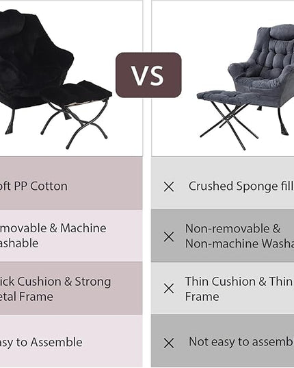 Lazy Chair with Ottoman, Modern Chair with Folding Footrest, Lounge Accent Chair, Comfortable Reading Chair for Bedroom, Study, Living Room, Small Space (Plush Black) - LeafyLoom