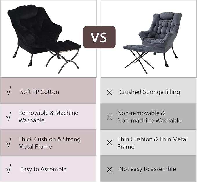 Lazy Chair with Ottoman, Modern Chair with Folding Footrest, Lounge Accent Chair, Comfortable Reading Chair for Bedroom, Study, Living Room, Small Space (Plush Black) - LeafyLoom