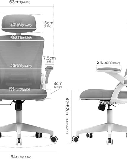 Ergonomic Office Chair, Mid Back Desk Chair with Adjustable Height, Swivel Chair with Flip-Up Arms and Lumbar Support, Breathable Mesh Computer Chair with Headrest (White and Grey) - LeafyLoom