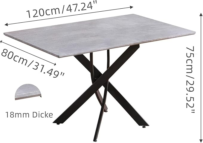 Grey Marble Dining Table with Black Metal Legs, 47" Modern Rectangular Kitchen Table for Dining Room Kitchen - LeafyLoom