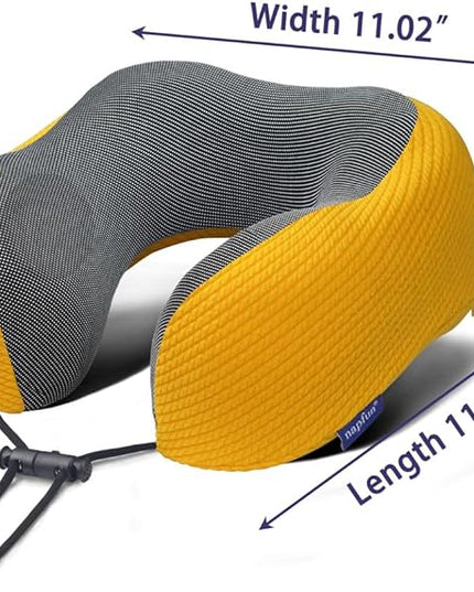 napfun Neck Pillow for Traveling, Upgraded Travel Neck Pillow for Airplane 100% Pure Memory Foam Travel Pillow for Flight Headrest Sleep, Portable Plane Accessories, Yellow, Medium (120-200LB) - LeafyLoom