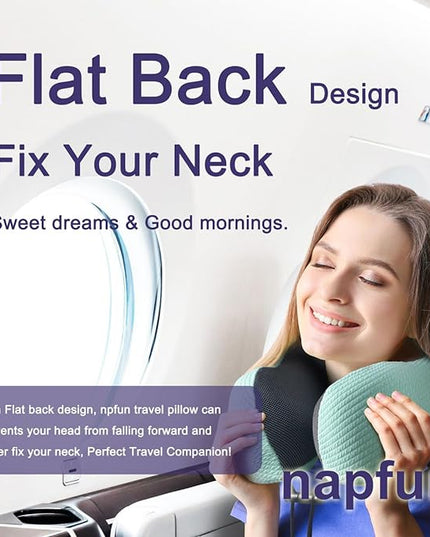 napfun Neck Pillow for Traveling, Upgraded Travel Neck Pillow for Airplane 100% Pure Memory Foam Travel Pillow for Flight Headrest Sleep, Portable Plane Accessories, Striped Turquoise - LeafyLoom