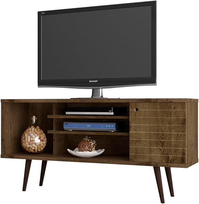 Manhattan Comfort Liberty Mid Century Modern TV Stand for Televisions up to 50 Inches, Bedroom and Living Room Entertainment Center with Storage, Shelves, and Cabinet, 53" Wide, Rustic Brown - LeafyLoom